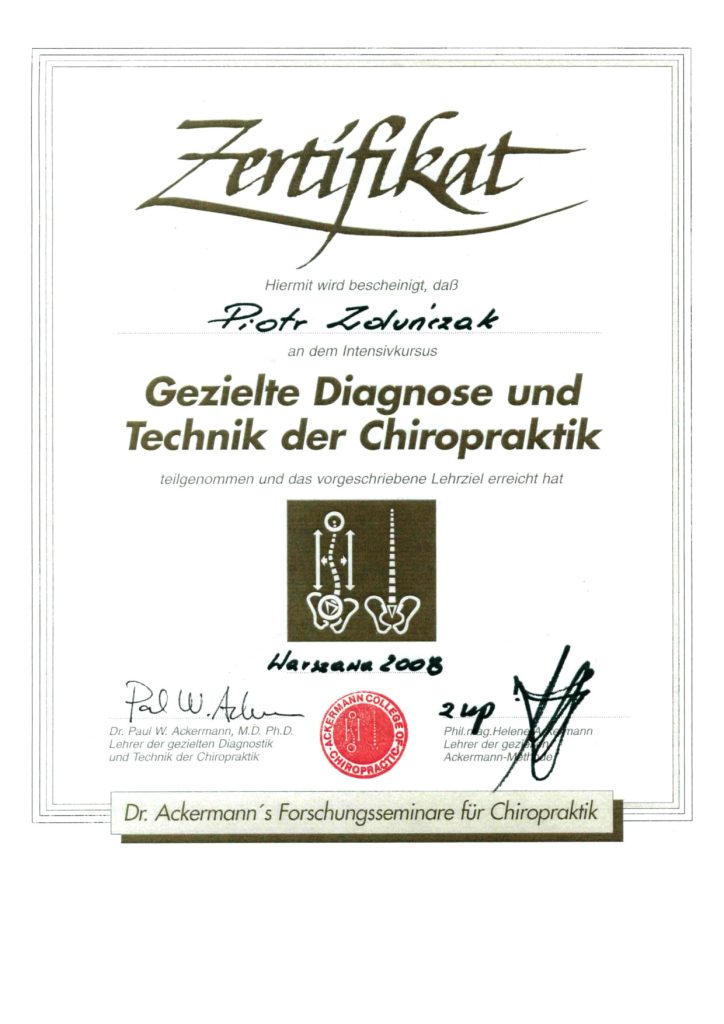 Zertifikat - Piotr Zduńczak - Gezielte Diagnose und Technik der Chiropraktik