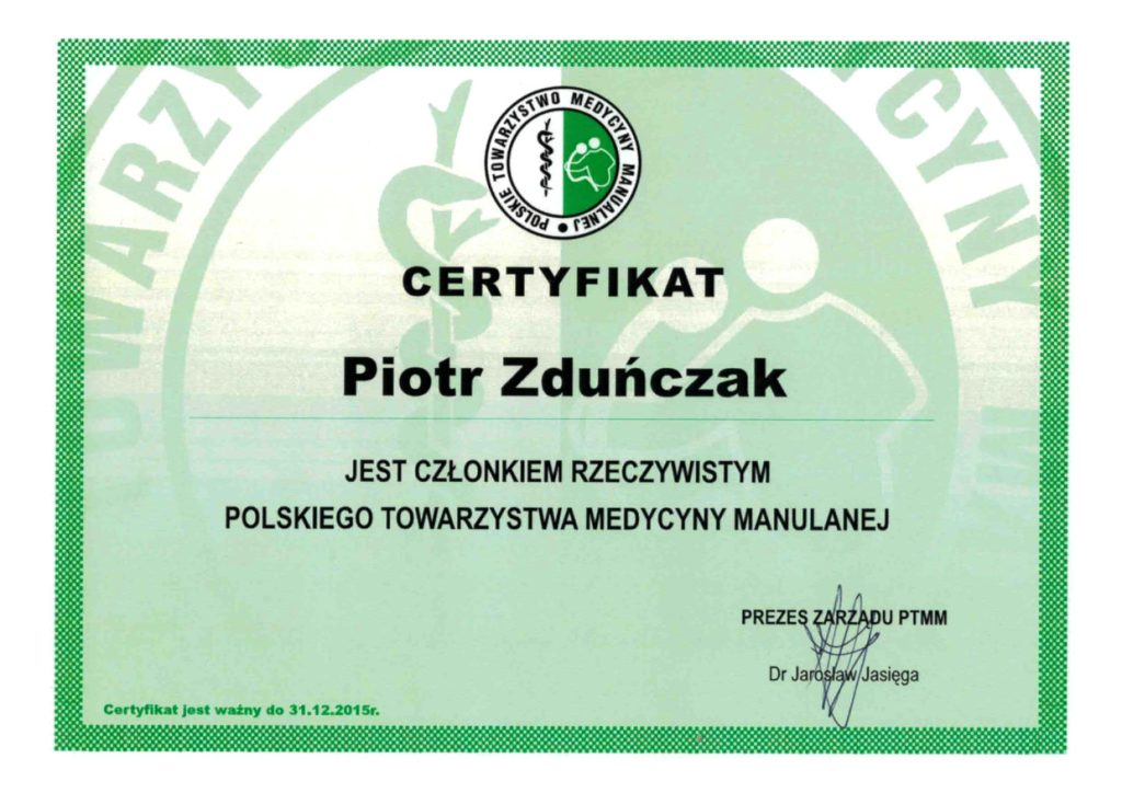 Certyfikat - Piotr Zduńczak - Jest członkiem zwyczajnym Polskiego Towarzystwa Medycyny Manualnej